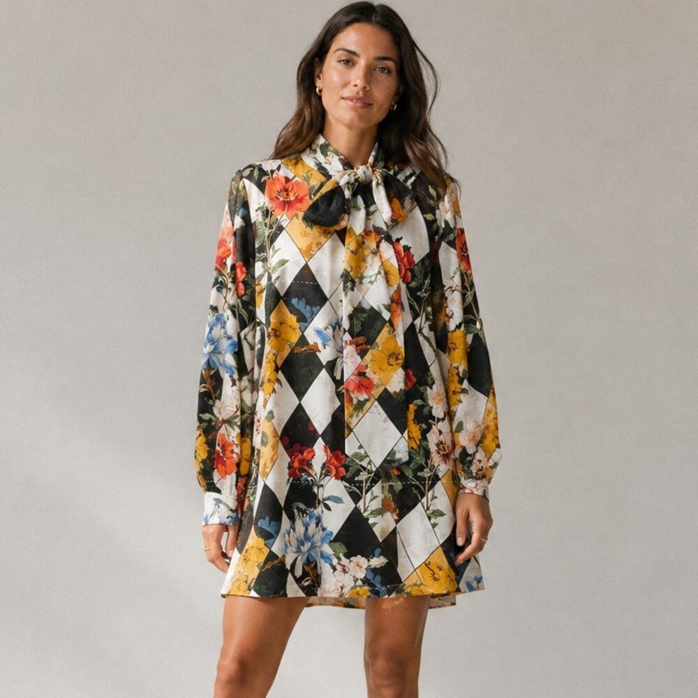 Anthropologie Maeve Caroline Floral Tie-Neck Mini Dress Womens M Harlequin